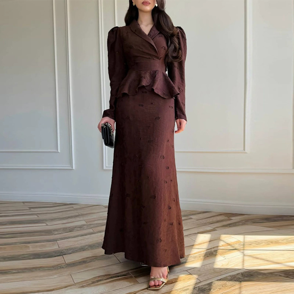Forever 21 Dark Brown Ruffle Trim Elegant Collar Fitted Waist Dress Set